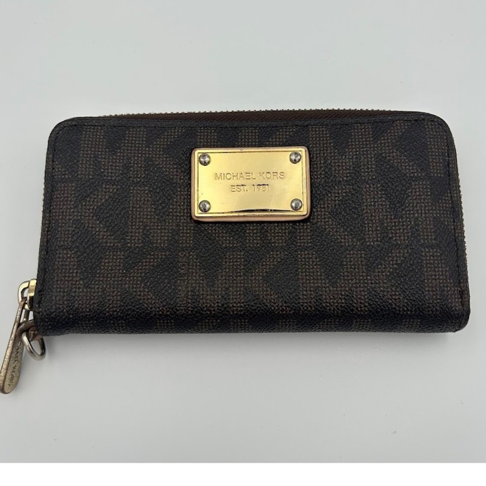 Michael Kors Dark Brown‎ Monogram MK Logo Zip Around Wallet Goldtone Hardware